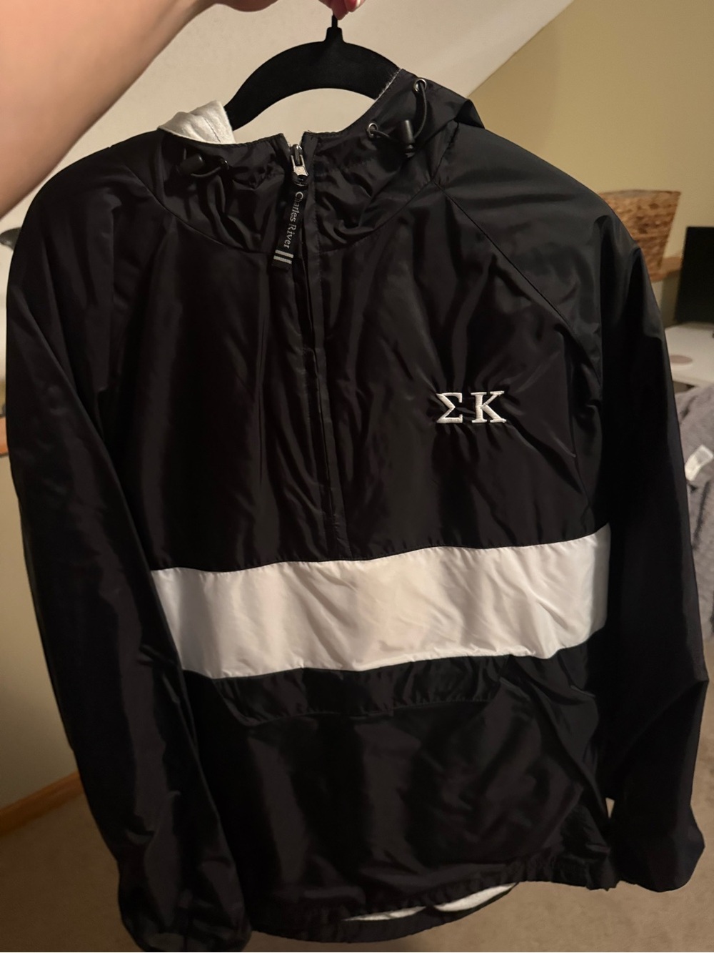 Sigma Kappa Black and White Hooded Pullover Rain Jacket - Large